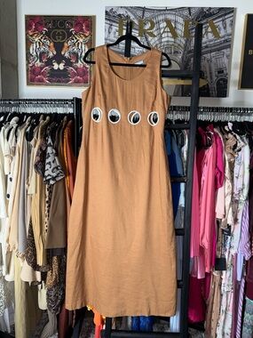 Antonio Melani Camel Linen Blend Midi Dress With Cutout Detail Womens 14 EUC